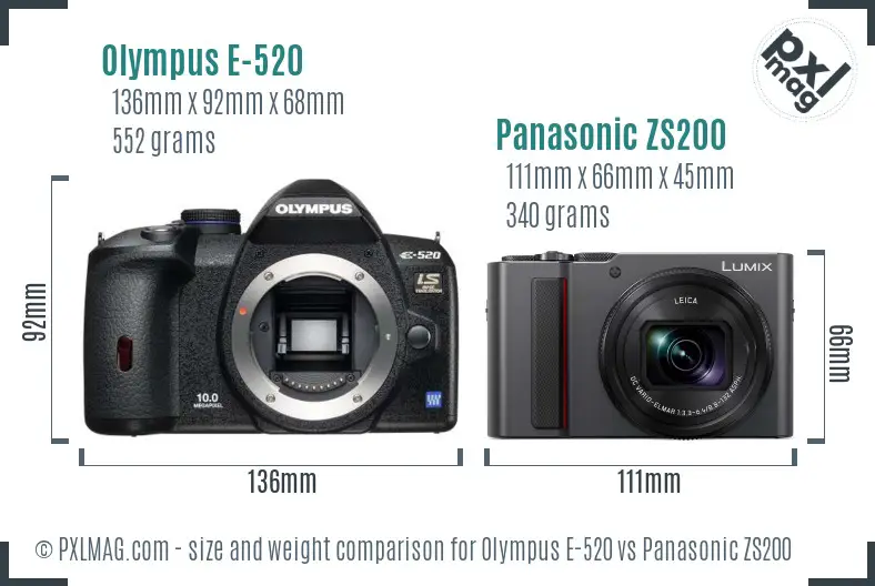 Olympus E-520 vs Panasonic ZS200 size comparison