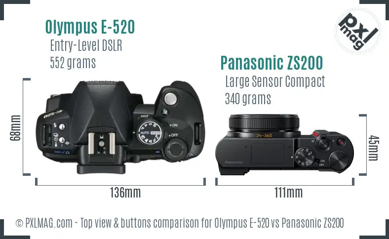 Olympus E-520 vs Panasonic ZS200 top view buttons comparison