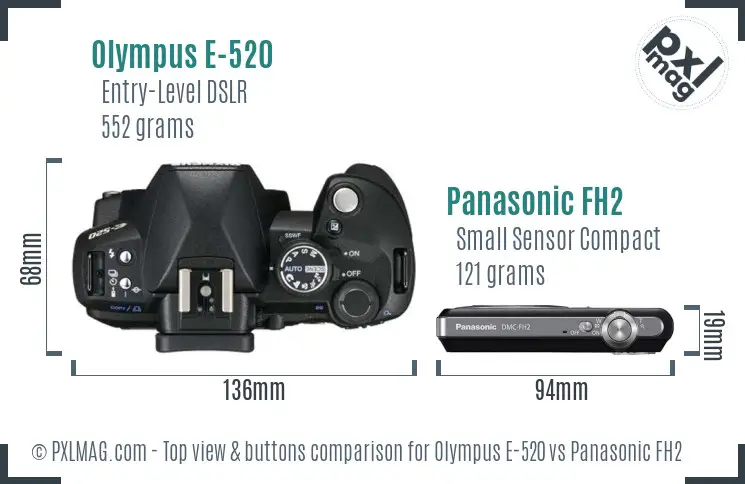 Olympus E-520 vs Panasonic FH2 top view buttons comparison
