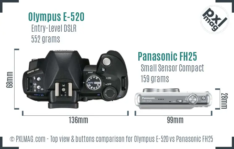 Olympus E-520 vs Panasonic FH25 top view buttons comparison