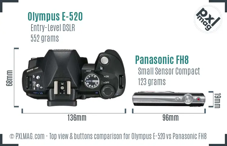 Olympus E-520 vs Panasonic FH8 top view buttons comparison