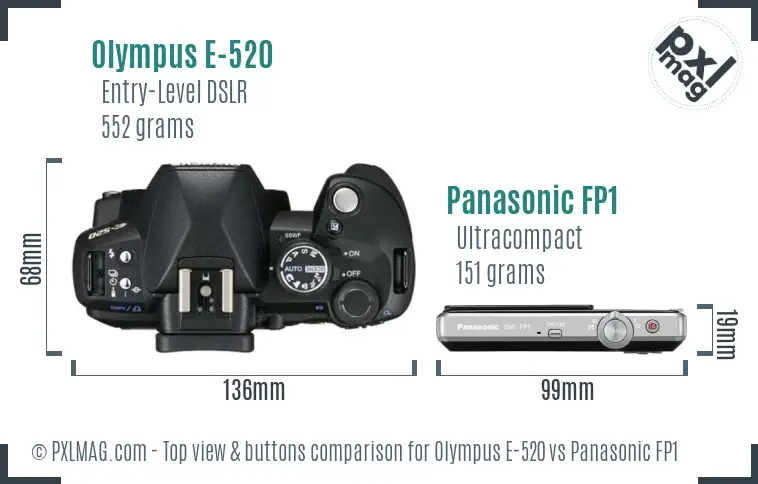 Olympus E-520 vs Panasonic FP1 top view buttons comparison