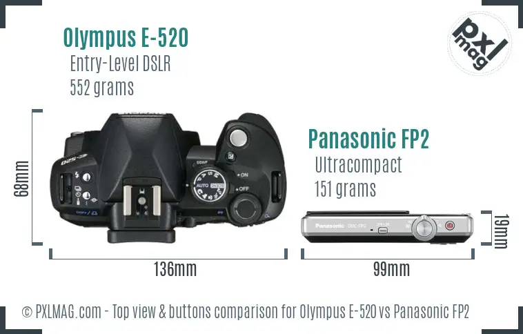 Olympus E-520 vs Panasonic FP2 top view buttons comparison
