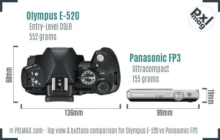 Olympus E-520 vs Panasonic FP3 top view buttons comparison