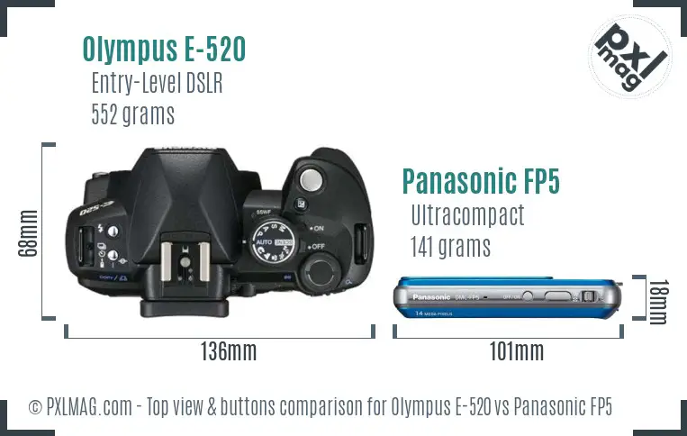 Olympus E-520 vs Panasonic FP5 top view buttons comparison