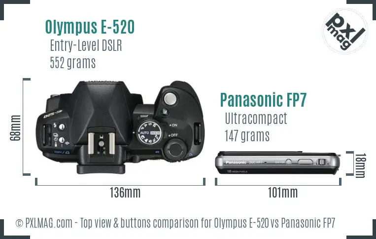 Olympus E-520 vs Panasonic FP7 top view buttons comparison