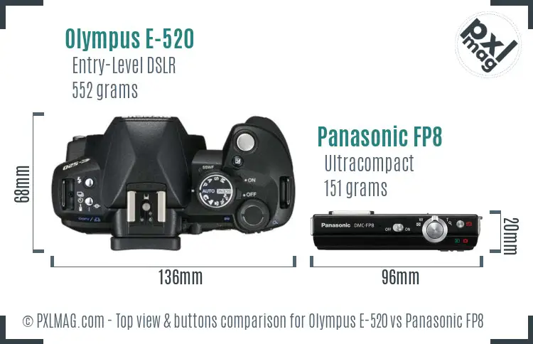 Olympus E-520 vs Panasonic FP8 top view buttons comparison