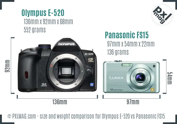 Olympus E-520 vs Panasonic FS15 size comparison