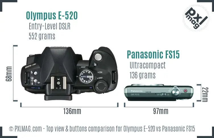 Olympus E-520 vs Panasonic FS15 top view buttons comparison