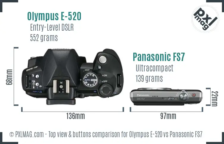 Olympus E-520 vs Panasonic FS7 top view buttons comparison