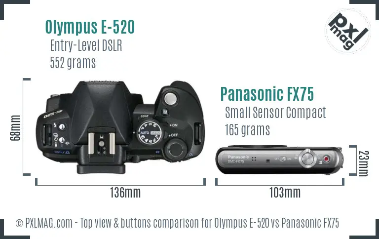 Olympus E-520 vs Panasonic FX75 top view buttons comparison