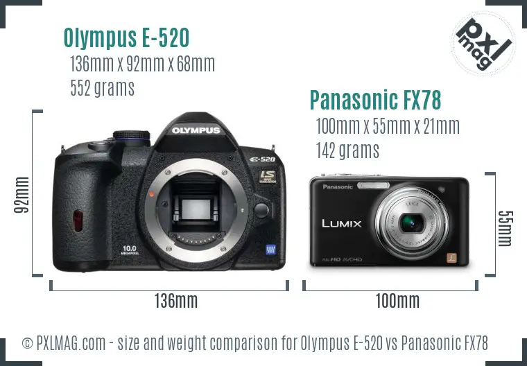 Olympus E-520 vs Panasonic FX78 size comparison
