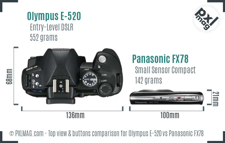 Olympus E-520 vs Panasonic FX78 top view buttons comparison