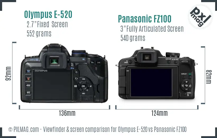 Olympus E-520 vs Panasonic FZ100 Screen and Viewfinder comparison