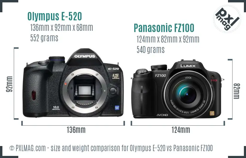 Olympus E-520 vs Panasonic FZ100 size comparison