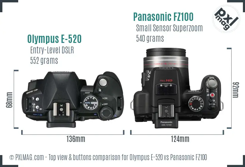Olympus E-520 vs Panasonic FZ100 top view buttons comparison