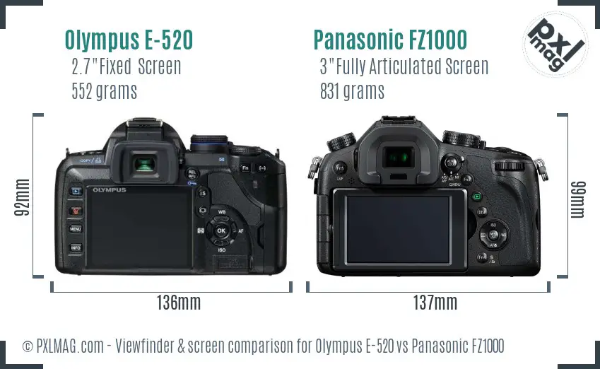 Olympus E-520 vs Panasonic FZ1000 Screen and Viewfinder comparison