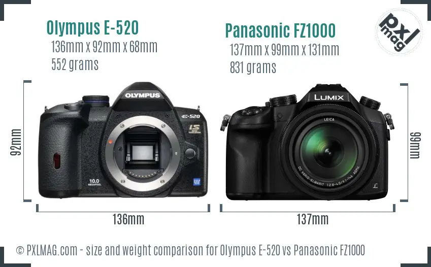 Olympus E-520 vs Panasonic FZ1000 size comparison