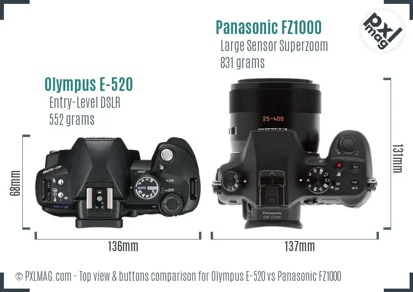 Olympus E-520 vs Panasonic FZ1000 top view buttons comparison