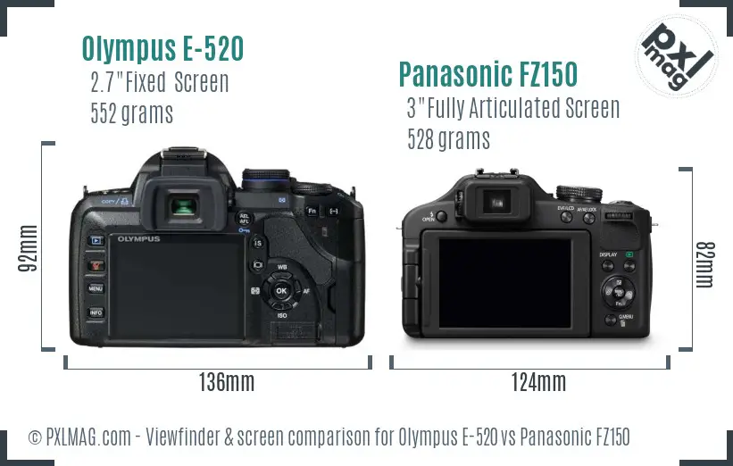 Olympus E-520 vs Panasonic FZ150 Screen and Viewfinder comparison