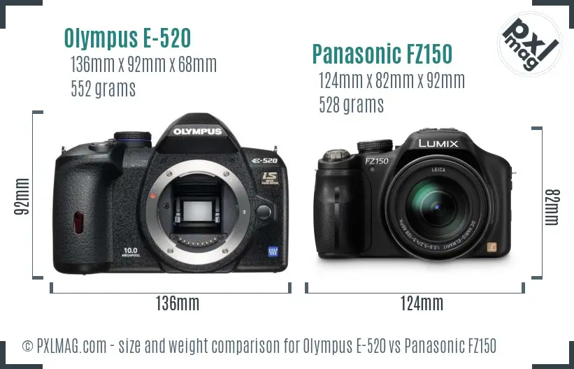 Olympus E-520 vs Panasonic FZ150 size comparison