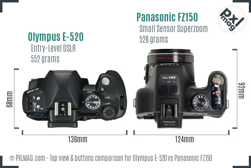 Olympus E-520 vs Panasonic FZ150 top view buttons comparison