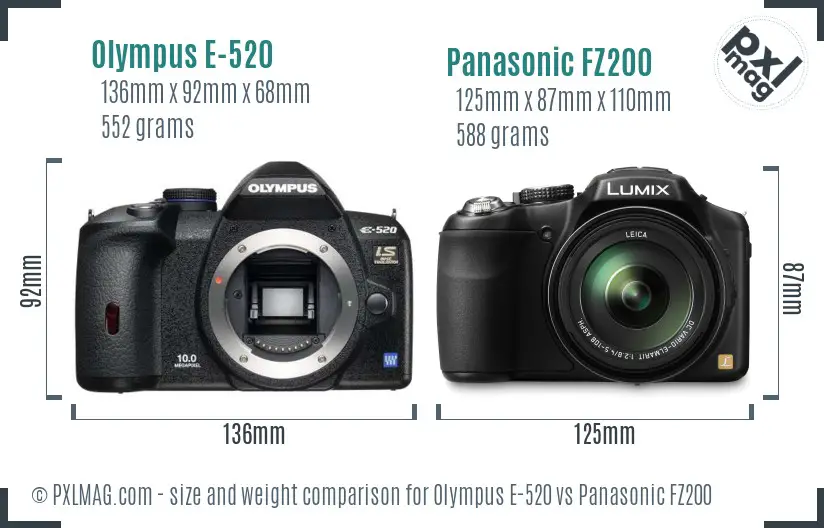 Olympus E-520 vs Panasonic FZ200 size comparison