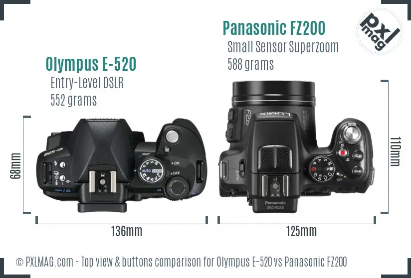 Olympus E-520 vs Panasonic FZ200 top view buttons comparison