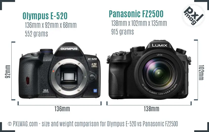 Olympus E-520 vs Panasonic FZ2500 size comparison