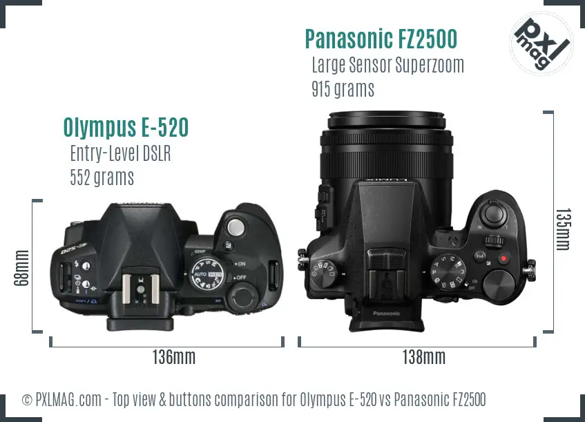 Olympus E-520 vs Panasonic FZ2500 top view buttons comparison