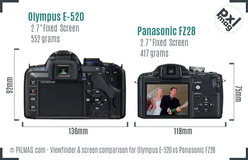 Olympus E-520 vs Panasonic FZ28 Screen and Viewfinder comparison