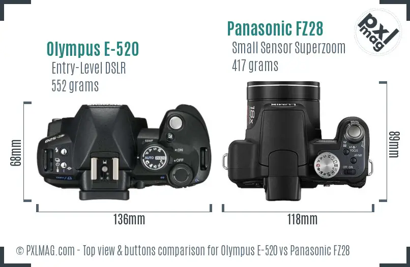 Olympus E-520 vs Panasonic FZ28 top view buttons comparison