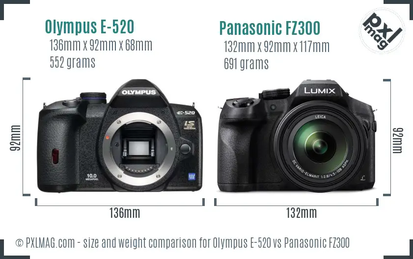 Olympus E-520 vs Panasonic FZ300 size comparison