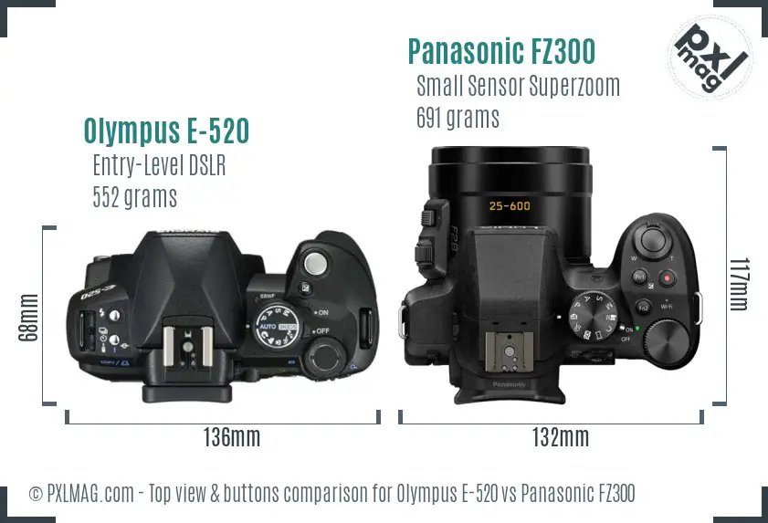 Olympus E-520 vs Panasonic FZ300 top view buttons comparison