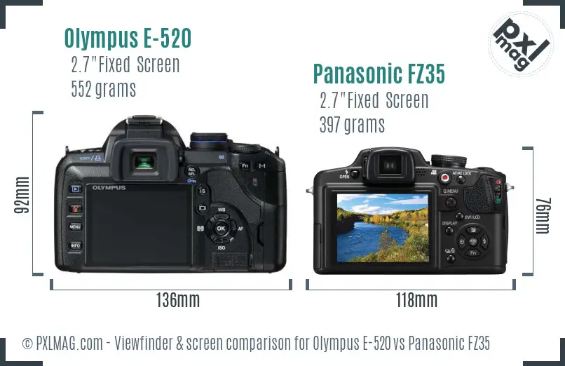 Olympus E-520 vs Panasonic FZ35 Screen and Viewfinder comparison