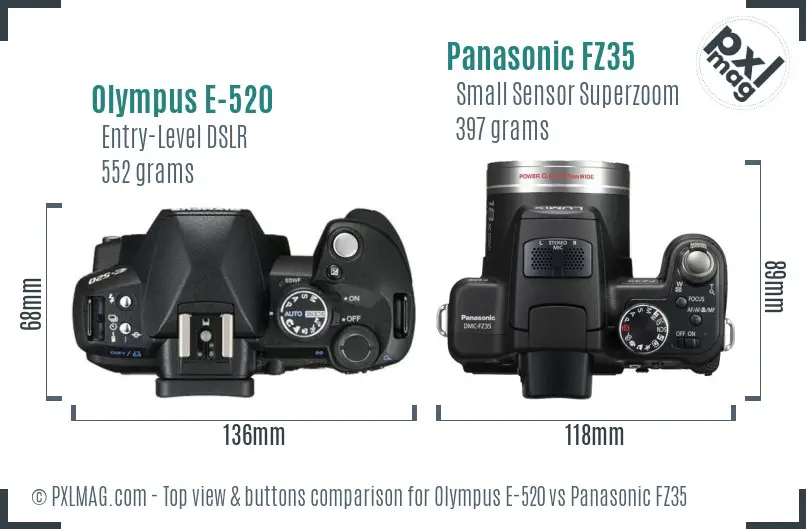 Olympus E-520 vs Panasonic FZ35 top view buttons comparison