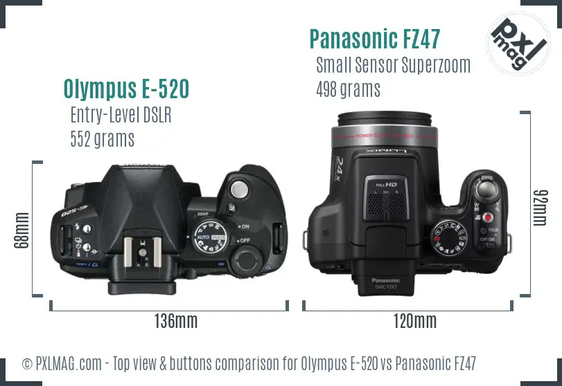 Olympus E-520 vs Panasonic FZ47 top view buttons comparison