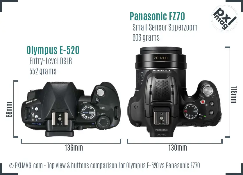 Olympus E-520 vs Panasonic FZ70 top view buttons comparison