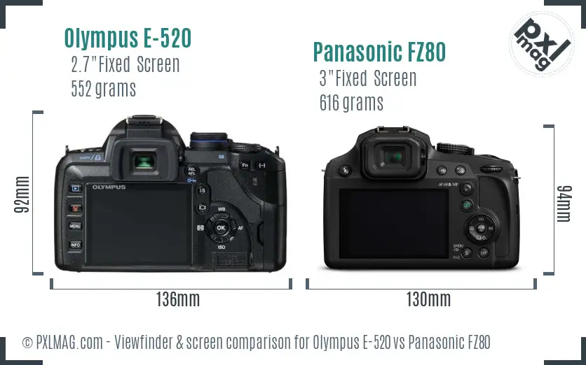 Olympus E-520 vs Panasonic FZ80 Screen and Viewfinder comparison