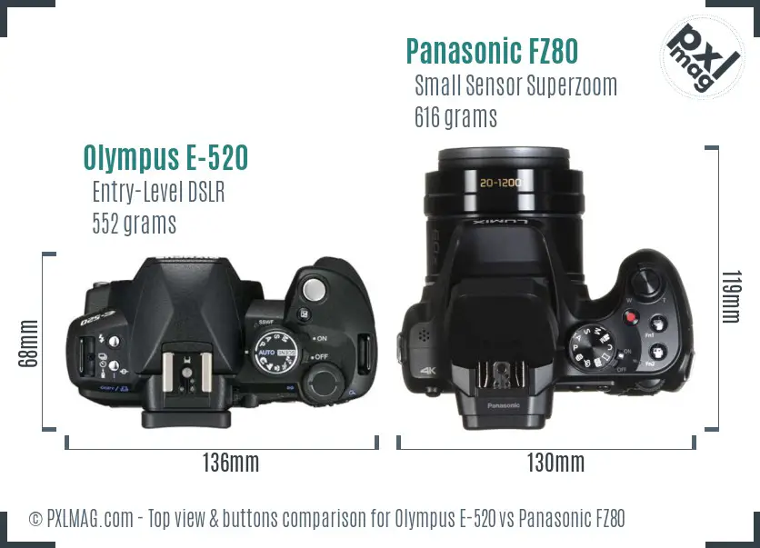 Olympus E-520 vs Panasonic FZ80 top view buttons comparison