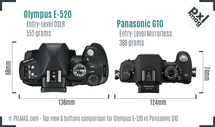 Olympus E-520 vs Panasonic G10 top view buttons comparison