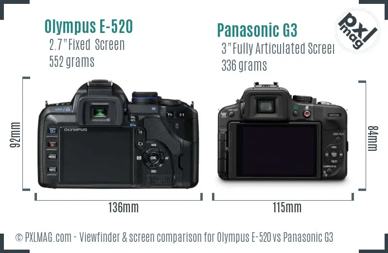 Olympus E-520 vs Panasonic G3 Screen and Viewfinder comparison