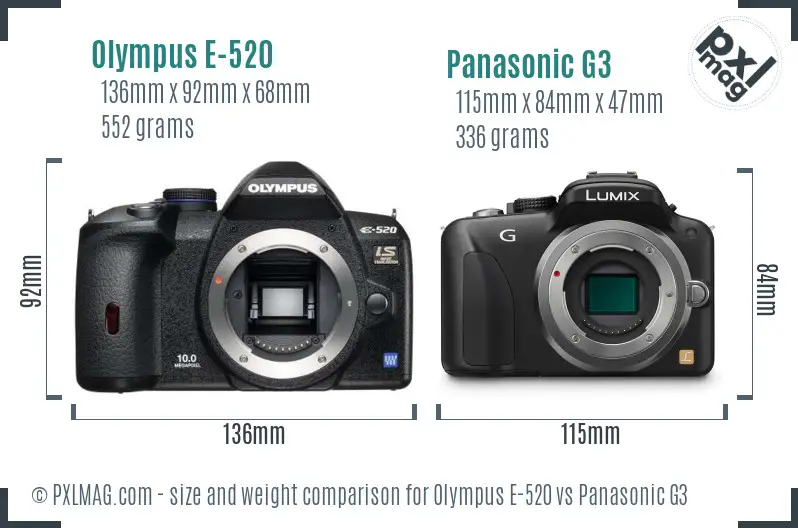 Olympus E-520 vs Panasonic G3 size comparison