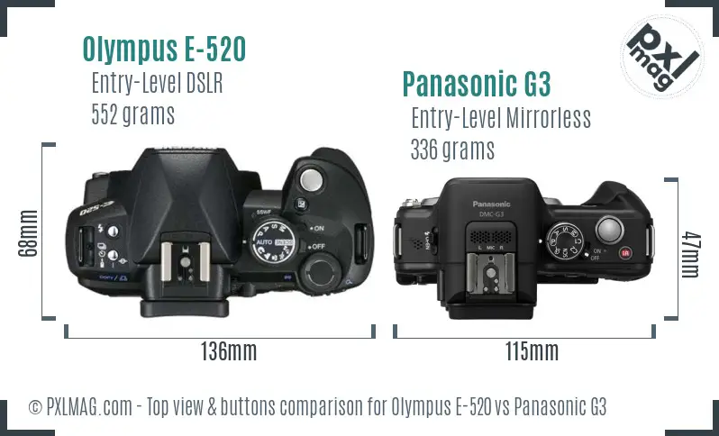 Olympus E-520 vs Panasonic G3 top view buttons comparison