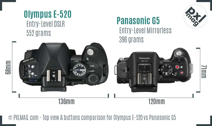 Olympus E-520 vs Panasonic G5 top view buttons comparison