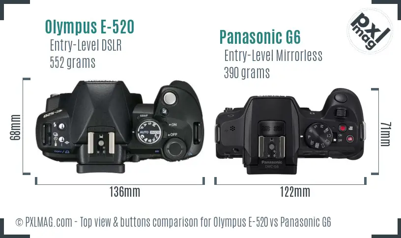 Olympus E-520 vs Panasonic G6 top view buttons comparison