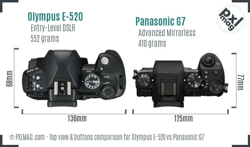 Olympus E-520 vs Panasonic G7 top view buttons comparison