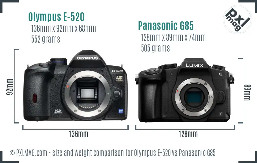 Olympus E-520 vs Panasonic G85 size comparison