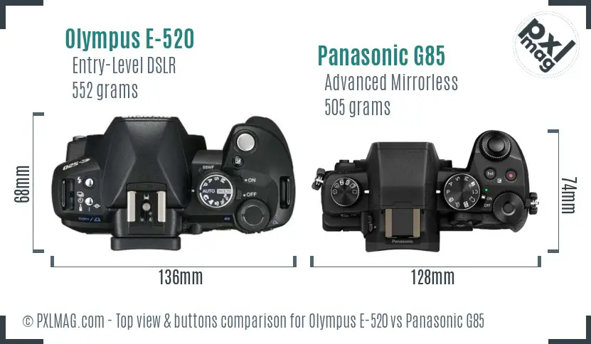 Olympus E-520 vs Panasonic G85 top view buttons comparison