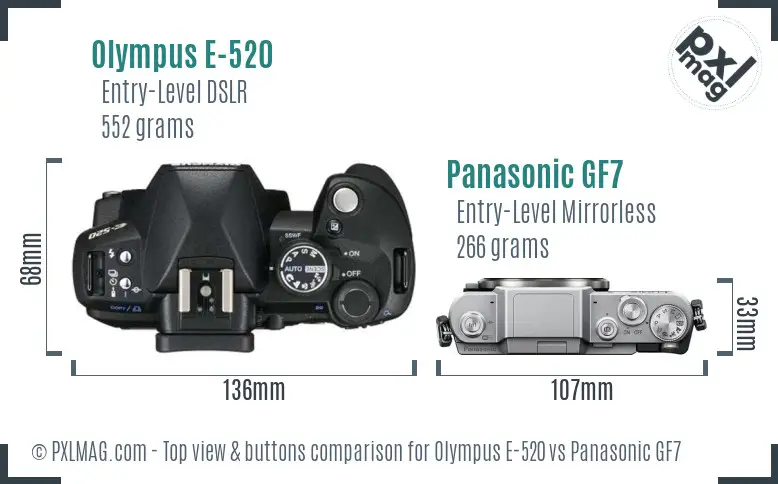 Olympus E-520 vs Panasonic GF7 top view buttons comparison